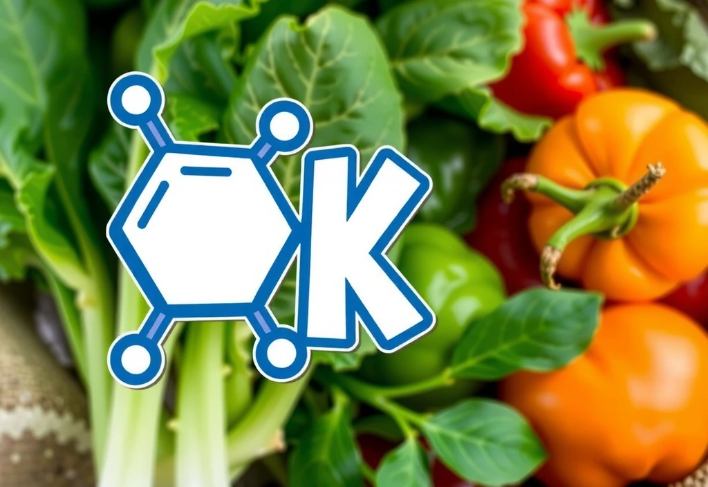 Εικονογράφηση της δομής της Βιταμίνης K με πράσινα φύλλα στο φόντο