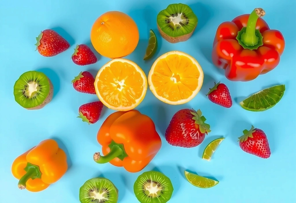 Διάφορα φρούτα και λαχανικά πλούσια σε Βιταμίνη C, όπως πορτοκάλια, φράουλες, ακτινίδια και πιπεριές.