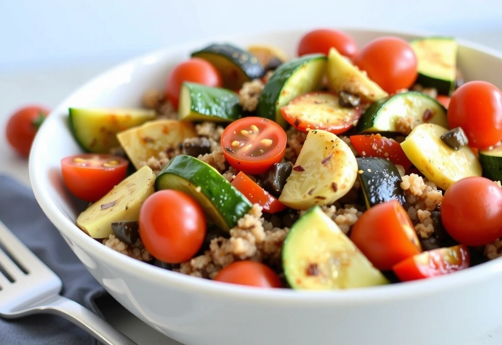 Πιάτο με πολύχρωμη σαλάτα κινόα με ψητά λαχανικά.