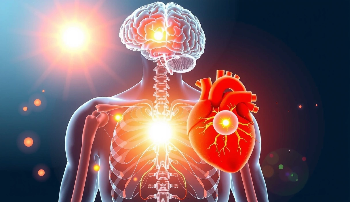 Μια σύνθεση που δείχνει διάφορες λειτουργίες του ανθρώπινου σώματος, όπως ένας υγιής εγκέφαλος, ένα δυνατό ανοσοποιητικό σύστημα, γερά οστά και καρδιά, όλα υποστηριζόμενα από βιταμίνες.