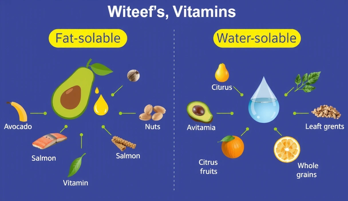 Εικονογράφηση που δείχνει τη διάκριση μεταξύ λιποδιαλυτών και υδατοδιαλυτών βιταμινών, με σύμβολα λαδιού και νερού αντίστοιχα, και παραδείγματα τροφών για κάθε κατηγορία.