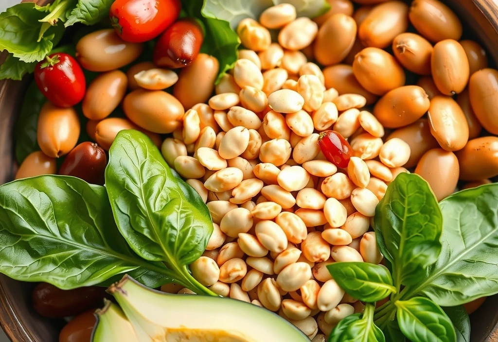 Μπολ με ολόκληρα δημητριακά, πράσινα φυλλώδη λαχανικά και όσπρια, πηγές βιταμινών Β.